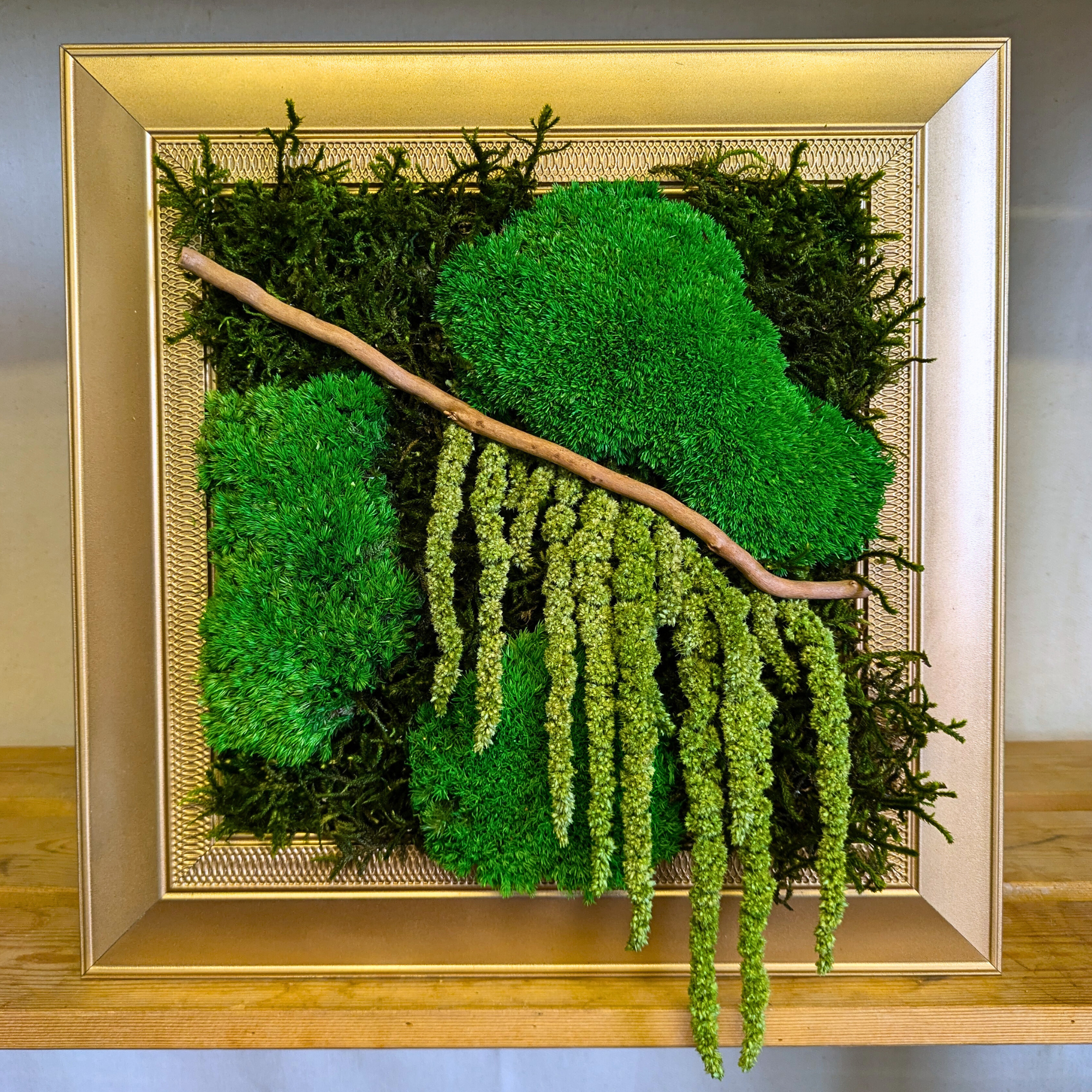 Medium Gold Square Moss Frame with Driftwood & Amaranthus - Image 3