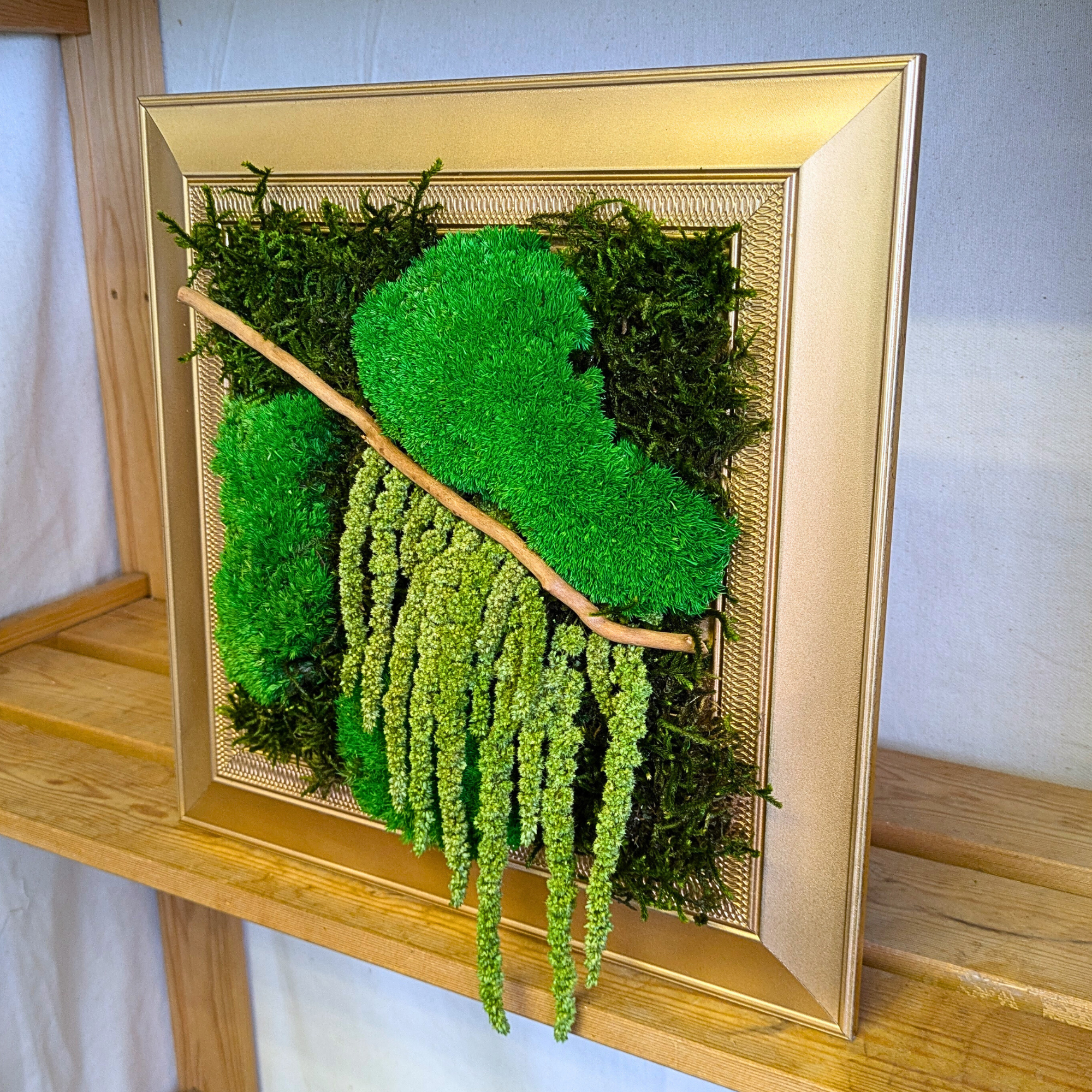 Medium Gold Square Moss Frame with Driftwood & Amaranthus - Image 2